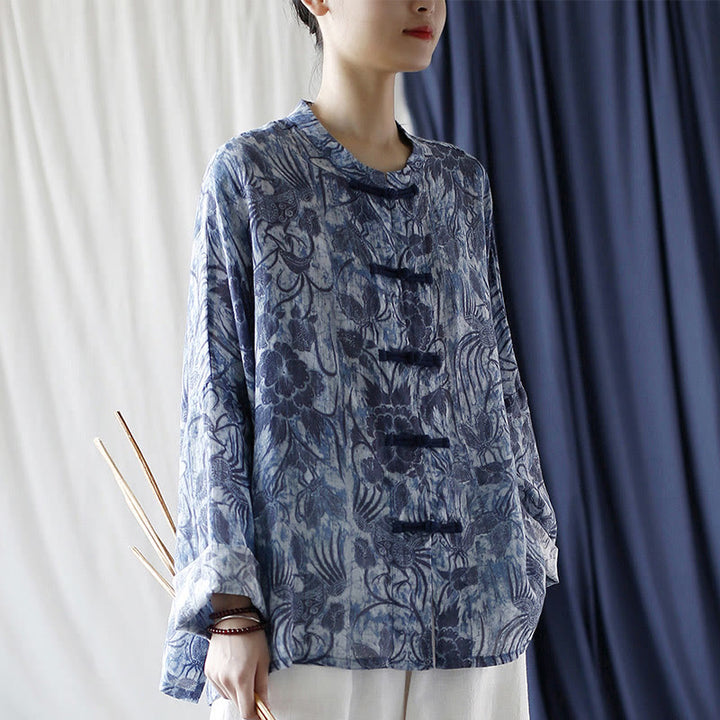 Buddha Stones Retro Azul Flores Blancas Diseño De Botón De Rana Camisa De Chaqueta De Lino De Ramio De Manga Larga - image 6