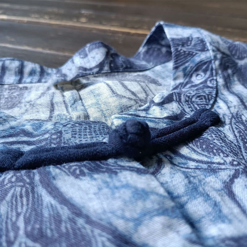 Buddha Stones Retro Azul Flores Blancas Diseño De Botón De Rana Camisa De Chaqueta De Lino De Ramio De Manga Larga - image 8