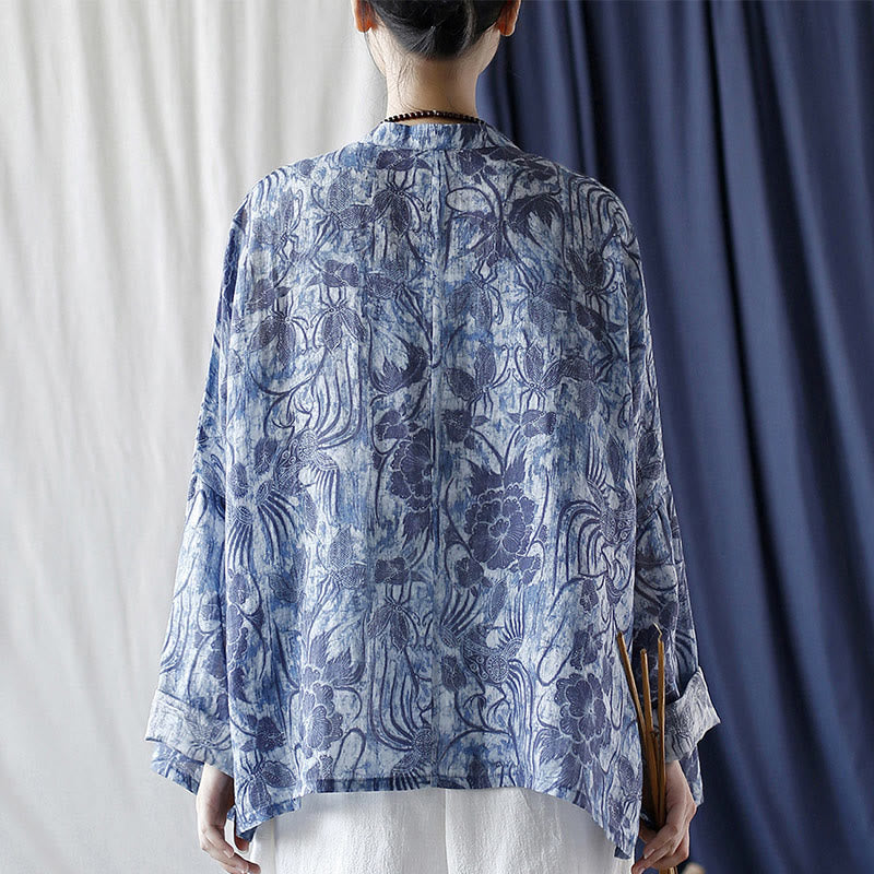 Buddha Stones Retro Azul Flores Blancas Diseño De Botón De Rana Camisa De Chaqueta De Lino De Ramio De Manga Larga - image 3