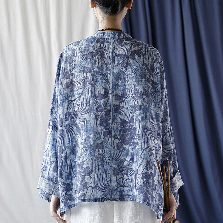Buddha Stones Retro Azul Flores Blancas Diseño De Botón De Rana Camisa De Chaqueta De Lino De Ramio De Manga Larga - image 3
