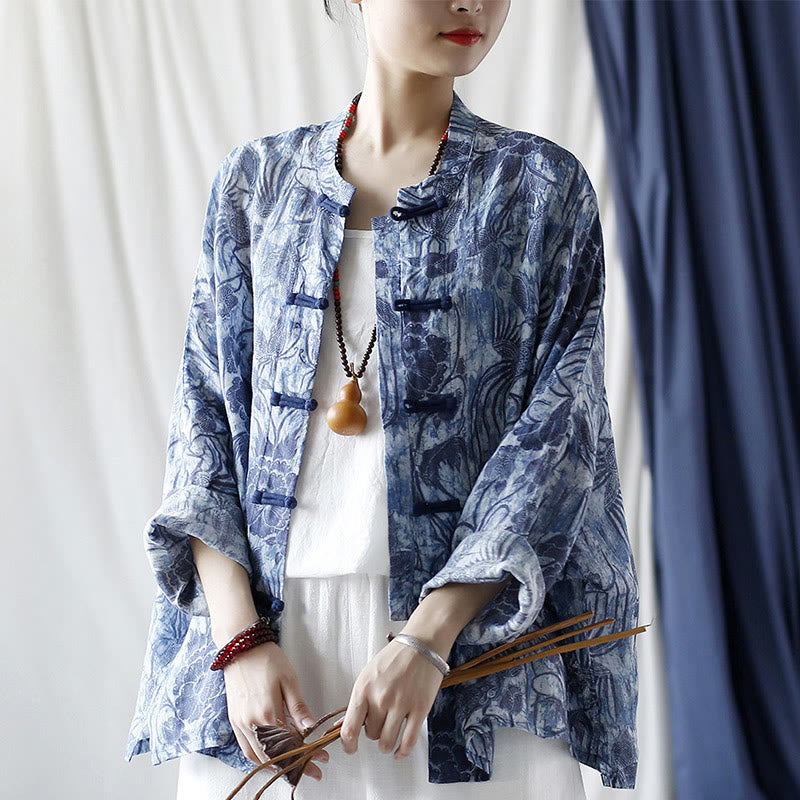 Buddha Stones Retro Azul Flores Blancas Diseño De Botón De Rana Camisa De Chaqueta De Lino De Ramio De Manga Larga - image 27