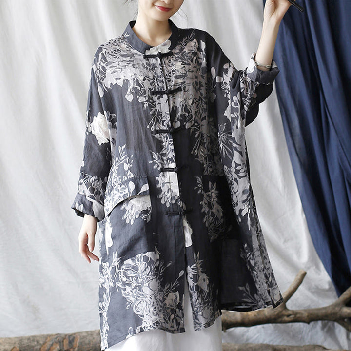 Camisa de chaqueta de lino de ramio de manga larga con botones de rana y flores blancas y azules con Buddha Stones y bolsillos - image 1