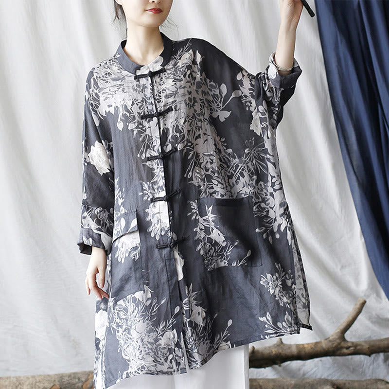 Camisa de chaqueta de lino de ramio de manga larga con botones de rana y flores blancas y azules con Buddha Stones y bolsillos - image 9