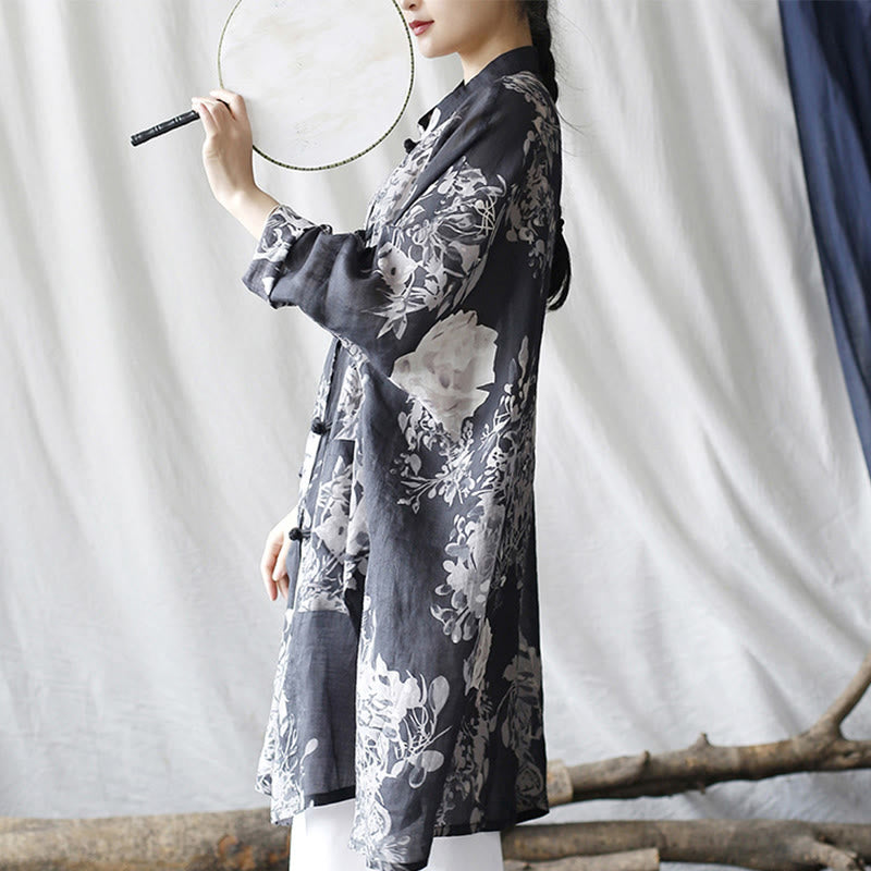 Camisa de chaqueta de lino de ramio de manga larga con botones de rana y flores blancas y azules con Buddha Stones y bolsillos - image 2