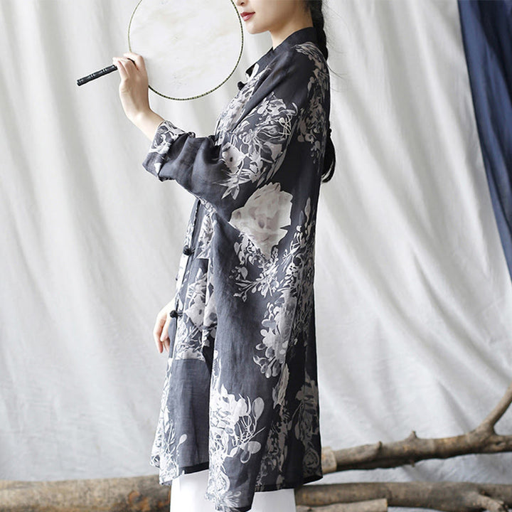 Camisa de chaqueta de lino de ramio de manga larga con botones de rana y flores blancas y azules con Buddha Stones y bolsillos - image 2