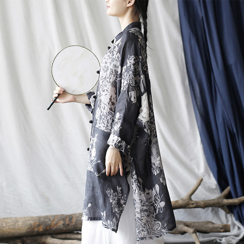 Camisa de chaqueta de lino de ramio de manga larga con botones de rana y flores blancas y azules con Buddha Stones y bolsillos - image 6