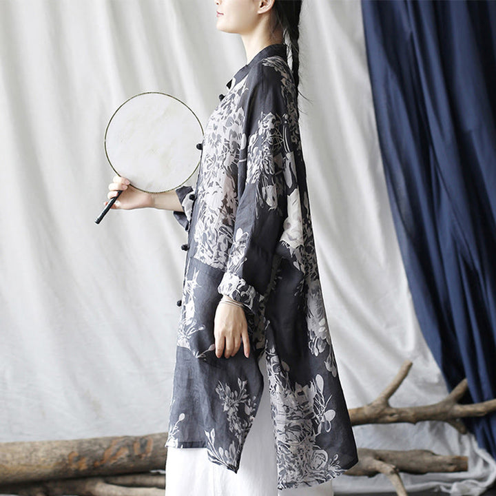 Camisa de chaqueta de lino de ramio de manga larga con botones de rana y flores blancas y azules con Buddha Stones y bolsillos - image 6