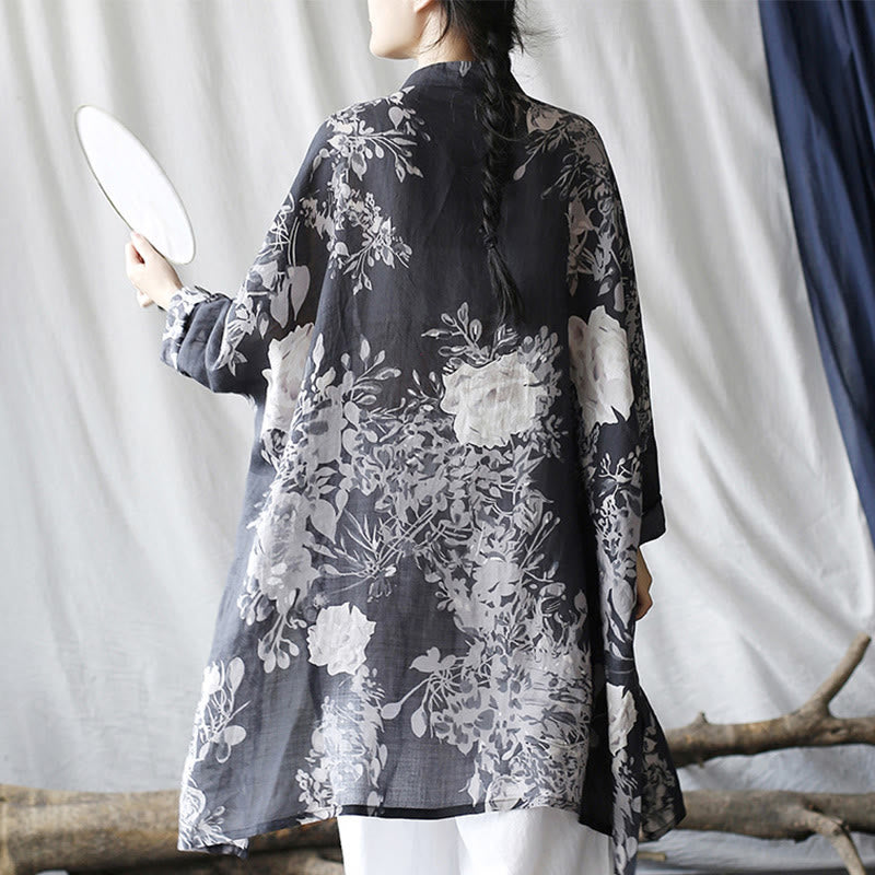 Camisa de chaqueta de lino de ramio de manga larga con botones de rana y flores blancas y azules con Buddha Stones y bolsillos - image 3