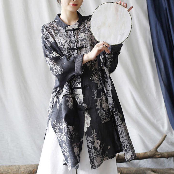 Camisa de chaqueta de lino de ramio de manga larga con botones de rana y flores blancas y azules con Buddha Stones y bolsillos - image 8