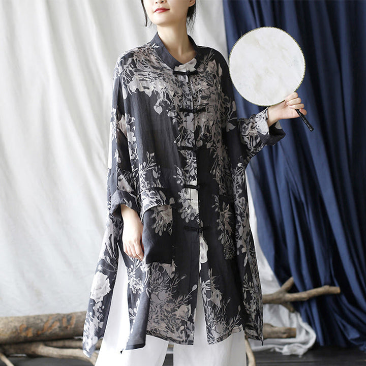Camisa de chaqueta de lino de ramio de manga larga con botones de rana y flores blancas y azules con Buddha Stones y bolsillos - image 10