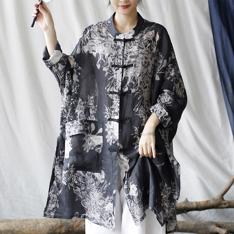 Camisa de chaqueta de lino de ramio de manga larga con botones de rana y flores blancas y azules con Buddha Stones y bolsillos - US4, UK/AU8, EU36-48 (F) (solo chaqueta) - image 0