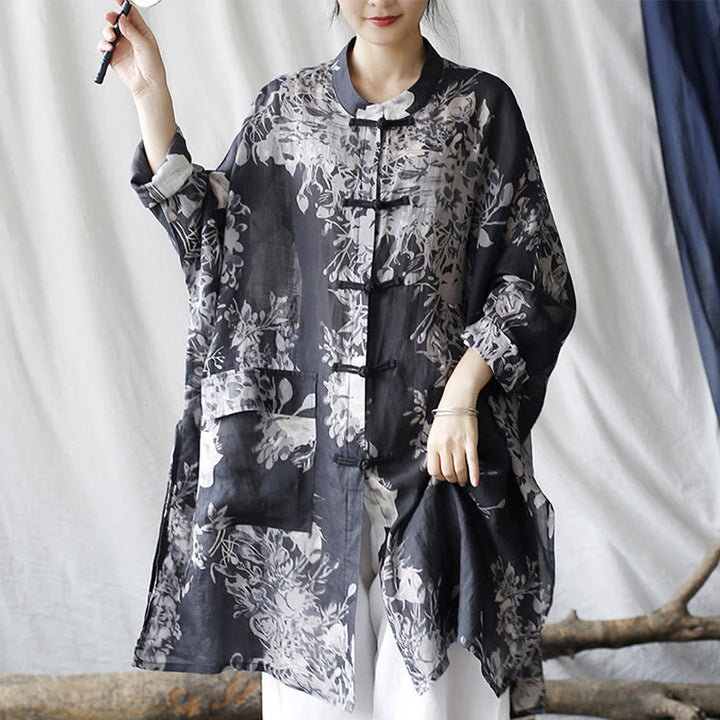Camisa de chaqueta de lino de ramio de manga larga con botones de rana y flores blancas y azules con Buddha Stones y bolsillos - US4, UK/AU8, EU36-48 (F) (solo chaqueta) - image 0
