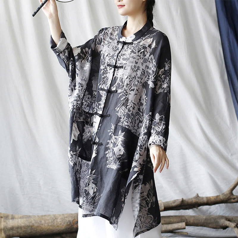 Camisa de chaqueta de lino de ramio de manga larga con botones de rana y flores blancas y azules con Buddha Stones y bolsillos - image 4
