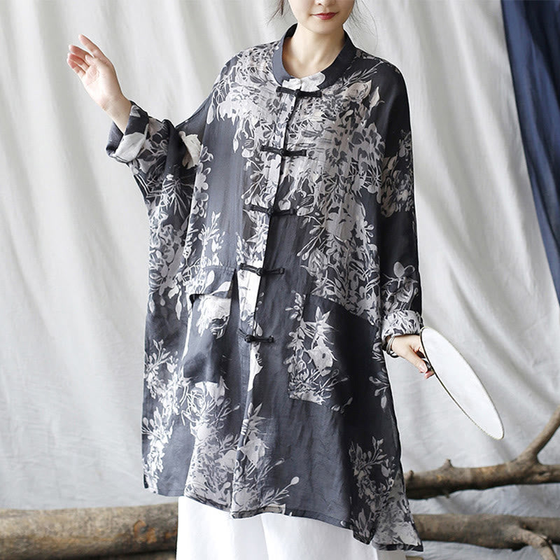 Camisa de chaqueta de lino de ramio de manga larga con botones de rana y flores blancas y azules con Buddha Stones y bolsillos - image 7