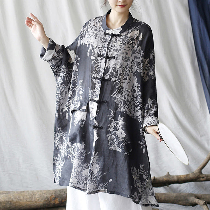 Camisa de chaqueta de lino de ramio de manga larga con botones de rana y flores blancas y azules con Buddha Stones y bolsillos - image 7