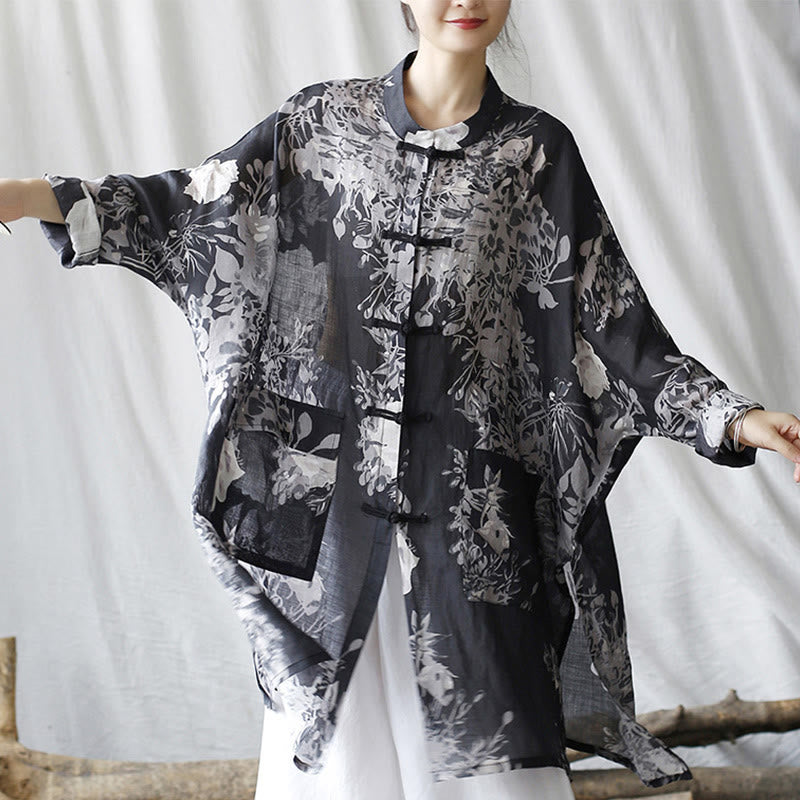 Camisa de chaqueta de lino de ramio de manga larga con botones de rana y flores blancas y azules con Buddha Stones y bolsillos - image 5
