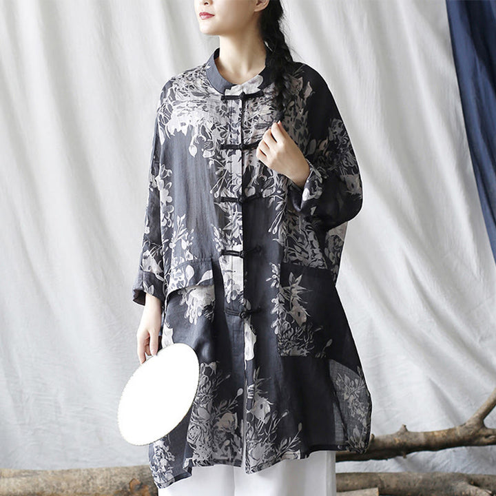 Camisa de chaqueta de lino de ramio de manga larga con botones de rana y flores blancas y azules con Buddha Stones y bolsillos - image 11