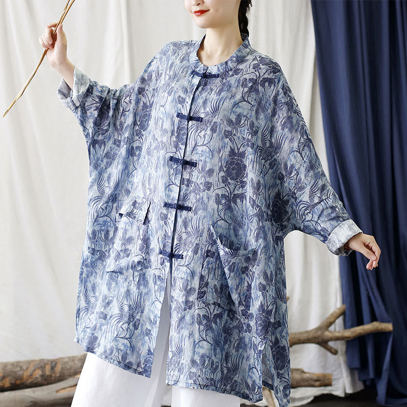Buddha Stones Flores azules Mariposa Botón de rana Camisa de chaqueta de lino de ramio de manga larga con bolsillos