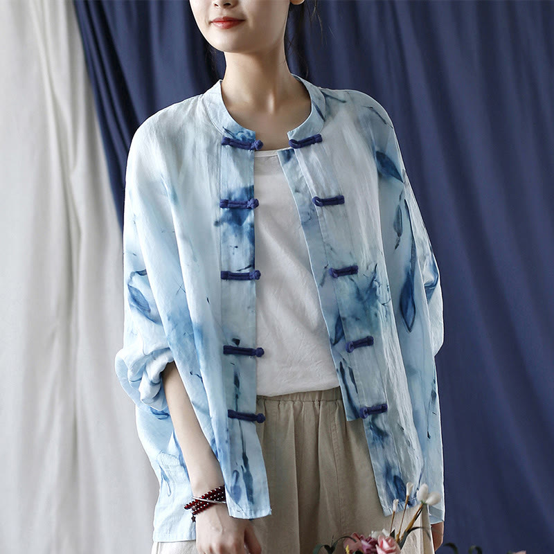 Buddha Stones Tie Dye Flores azules Diseño de botón de rana Camisa de chaqueta de lino de ramio de manga larga