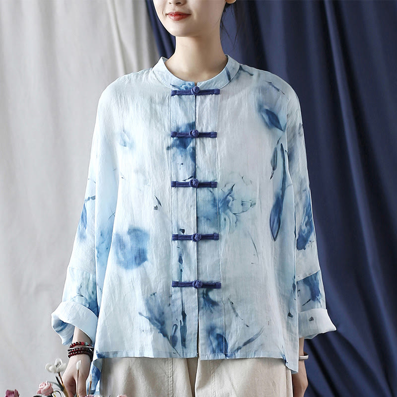 Buddha Stones Tie Dye Flores azules Diseño de botón de rana Camisa de chaqueta de lino de ramio de manga larga