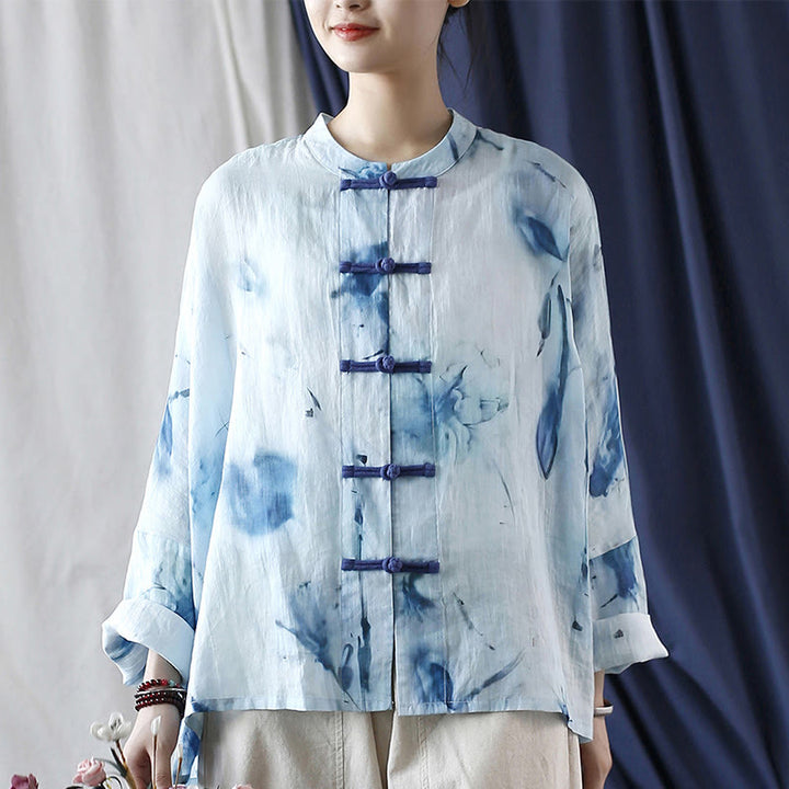 Buddha Stones Tie Dye Flores azules Diseño de botón de rana Camisa de chaqueta de lino de ramio de manga larga