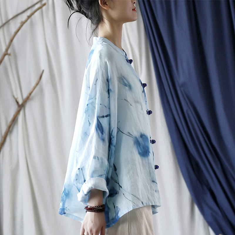 Buddha Stones Tie Dye Flores azules Diseño de botón de rana Camisa de chaqueta de lino de ramio de manga larga