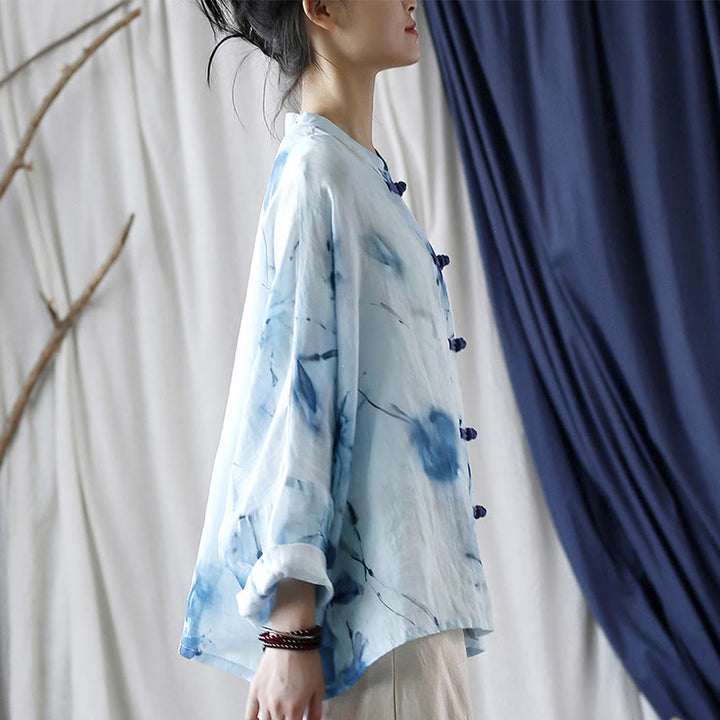 Buddha Stones Tie Dye Flores azules Diseño de botón de rana Camisa de chaqueta de lino de ramio de manga larga