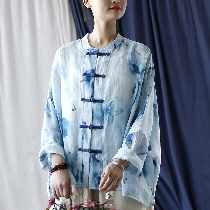 Buddha Stones Tie Dye Flores azules Diseño de botón de rana Camisa de chaqueta de lino de ramio de manga larga