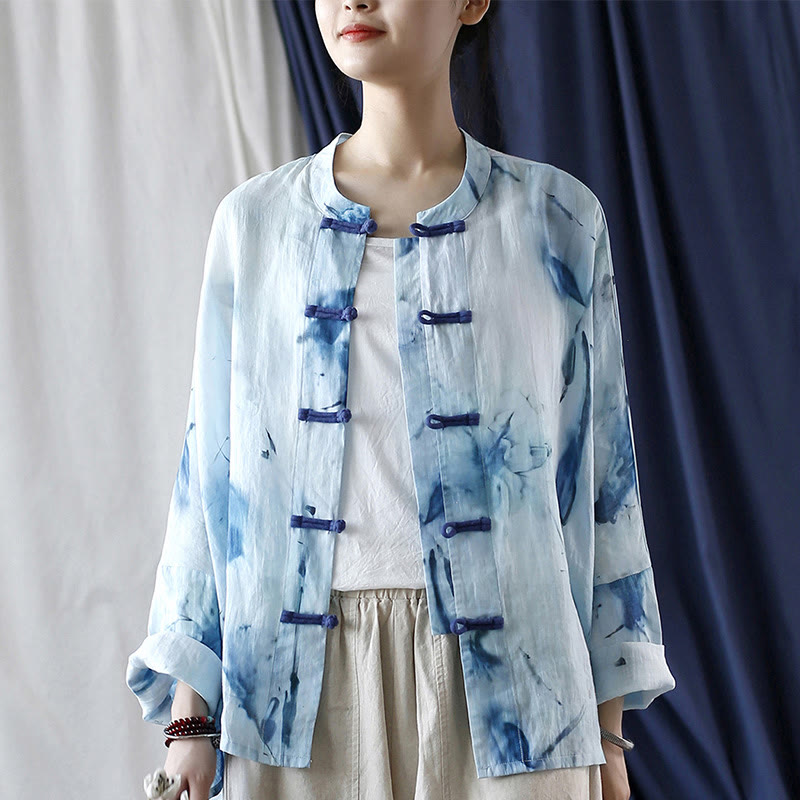 Buddha Stones Tie Dye Flores azules Diseño de botón de rana Camisa de chaqueta de lino de ramio de manga larga