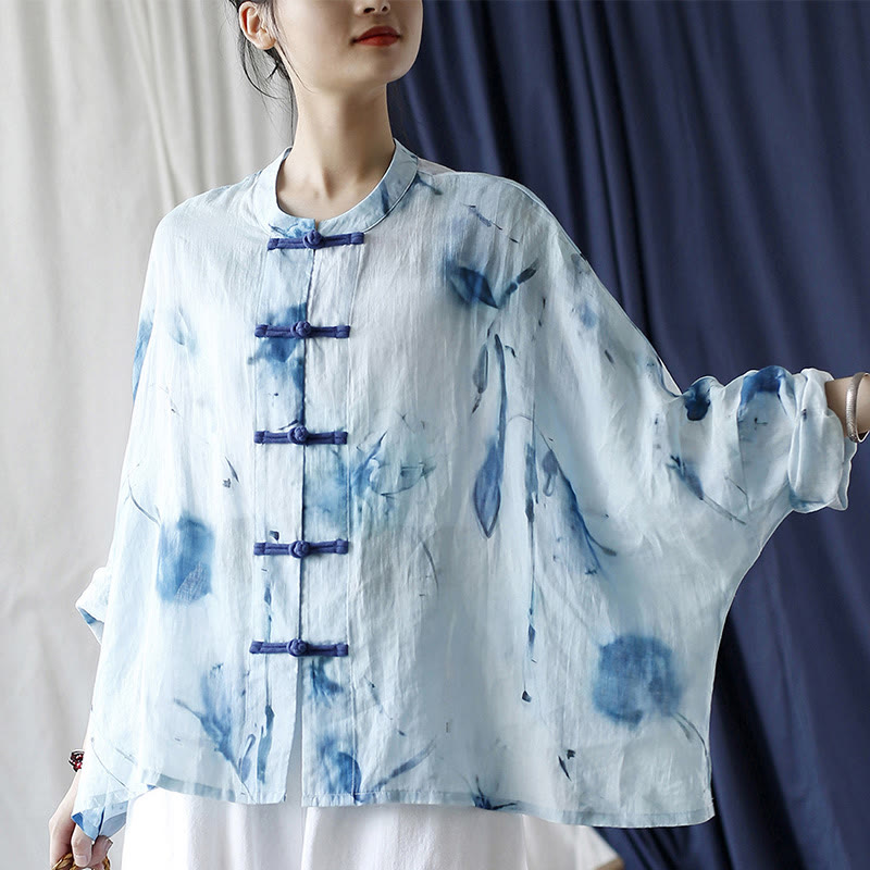 Buddha Stones Tie Dye Flores azules Diseño de botón de rana Camisa de chaqueta de lino de ramio de manga larga