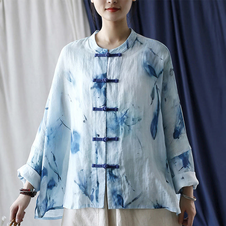 Buddha Stones Tie Dye Flores azules Diseño de botón de rana Camisa de chaqueta de lino de ramio de manga larga