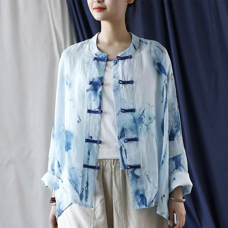 Buddha Stones Tie Dye Flores azules Diseño de botón de rana Camisa de chaqueta de lino de ramio de manga larga