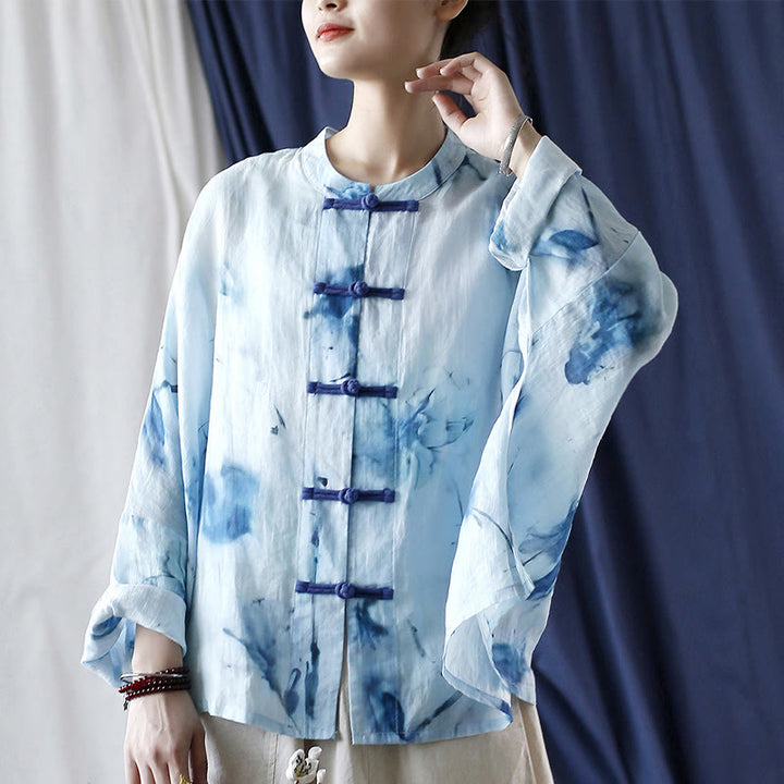 Buddha Stones Tie Dye Flores azules Diseño de botón de rana Camisa de chaqueta de lino de ramio de manga larga
