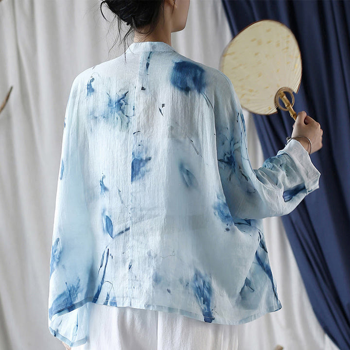 Buddha Stones Tie Dye Flores azules Diseño de botón de rana Camisa de chaqueta de lino de ramio de manga larga