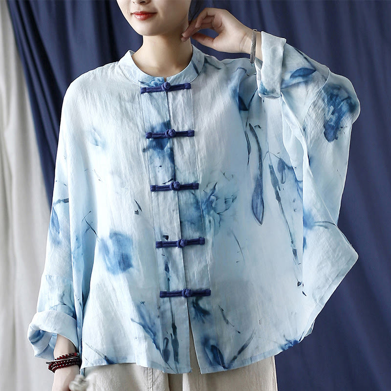 Buddha Stones Tie Dye Flores azules Diseño de botón de rana Camisa de chaqueta de lino de ramio de manga larga