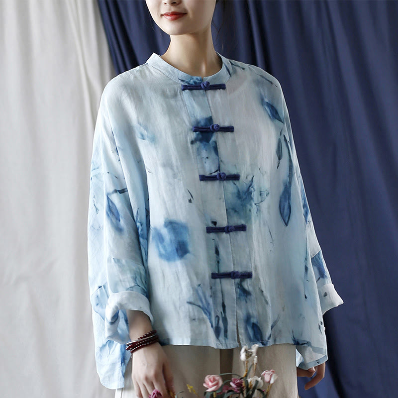 Buddha Stones Tie Dye Flores azules Diseño de botón de rana Camisa de chaqueta de lino de ramio de manga larga
