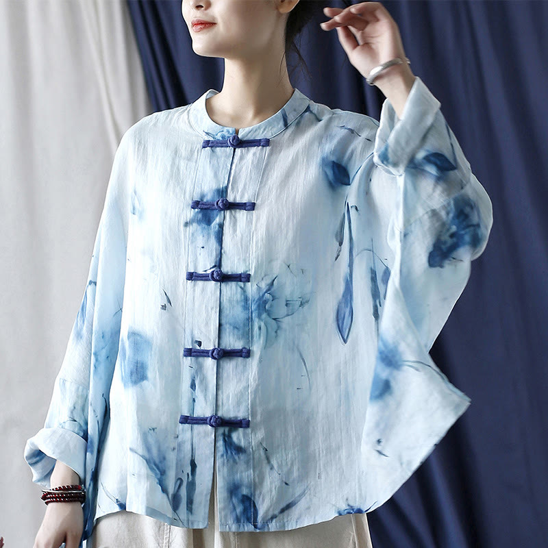 Buddha Stones Tie Dye Flores azules Diseño de botón de rana Camisa de chaqueta de lino de ramio de manga larga
