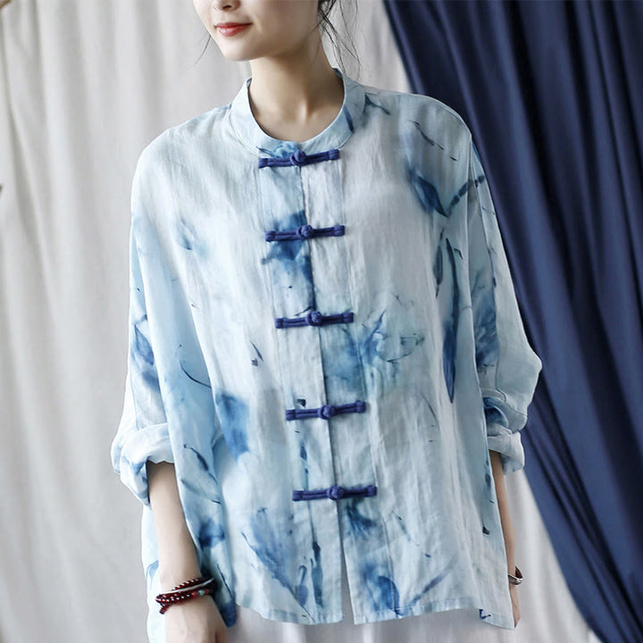 Buddha Stones Tie Dye Flores azules Diseño de botón de rana Camisa de chaqueta de lino de ramio de manga larga
