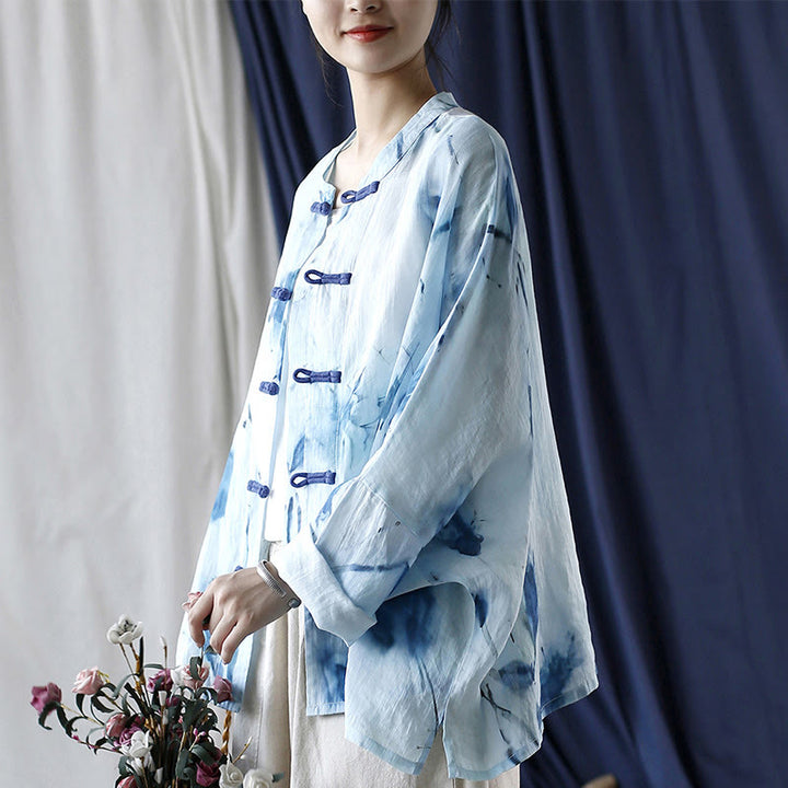 Buddha Stones Tie Dye Flores azules Diseño de botón de rana Camisa de chaqueta de lino de ramio de manga larga