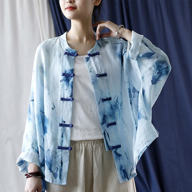 Buddha Stones Tie Dye Flores azules Diseño de botón de rana Camisa de chaqueta de lino de ramio de manga larga