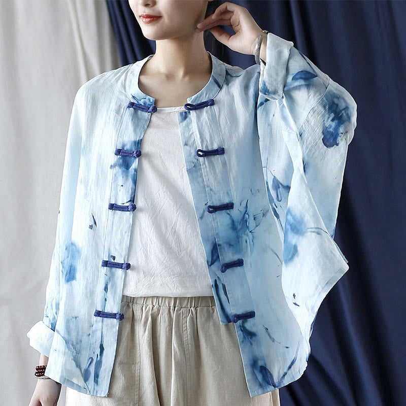 Buddha Stones Tie Dye Flores azules Diseño de botón de rana Camisa de chaqueta de lino de ramio de manga larga