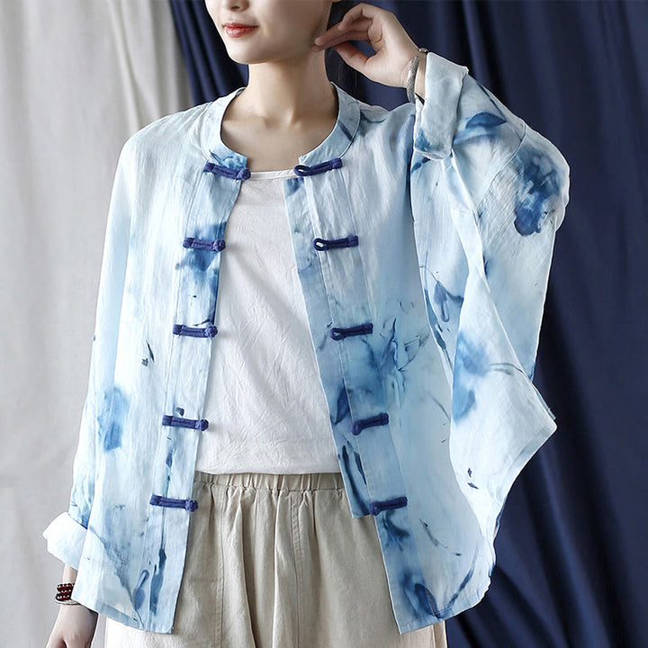Buddha Stones Tie Dye Flores azules Diseño de botón de rana Camisa de chaqueta de lino de ramio de manga larga