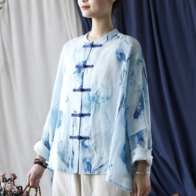 Buddha Stones Tie Dye Flores azules Diseño de botón de rana Camisa de chaqueta de lino de ramio de manga larga