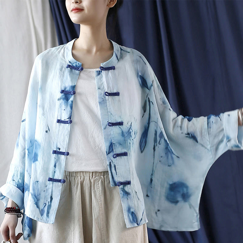 Buddha Stones Tie Dye Flores azules Diseño de botón de rana Camisa de chaqueta de lino de ramio de manga larga