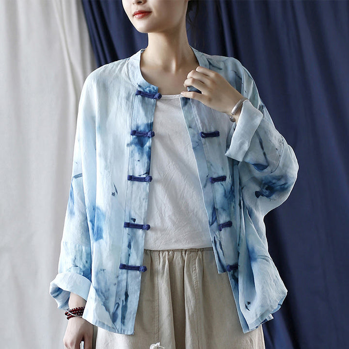 Buddha Stones Tie Dye Flores azules Diseño de botón de rana Camisa de chaqueta de lino de ramio de manga larga