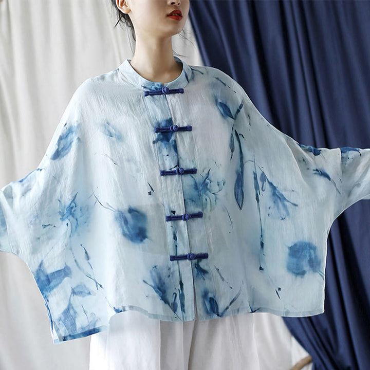 Buddha Stones Tie Dye Flores azules Diseño de botón de rana Camisa de chaqueta de lino de ramio de manga larga