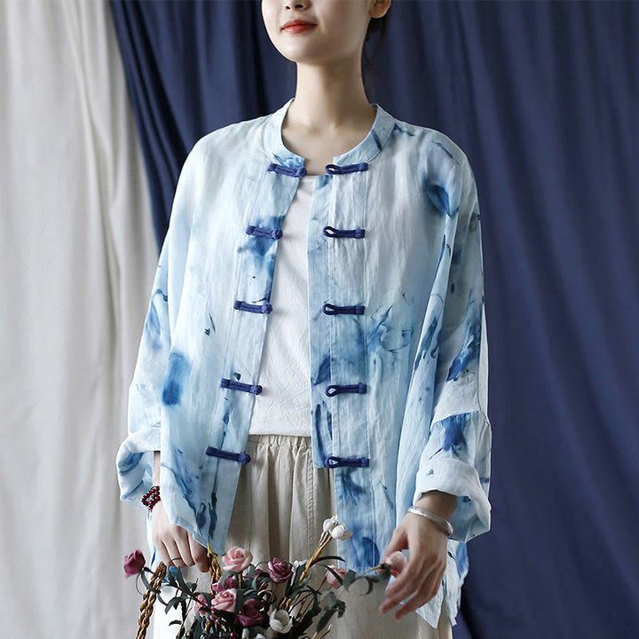 Buddha Stones Tie Dye Flores azules Diseño de botón de rana Camisa de chaqueta de lino de ramio de manga larga