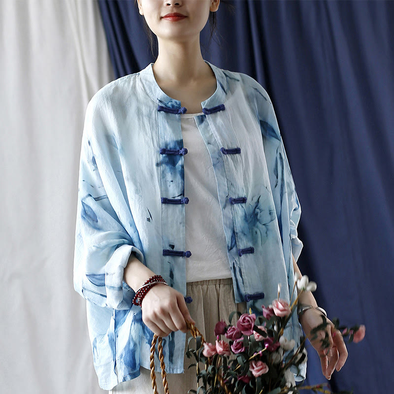 Buddha Stones Tie Dye Flores azules Diseño de botón de rana Camisa de chaqueta de lino de ramio de manga larga