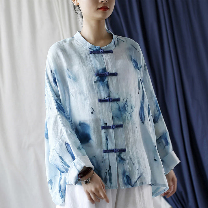 Buddha Stones Tie Dye Flores azules Diseño de botón de rana Camisa de chaqueta de lino de ramio de manga larga