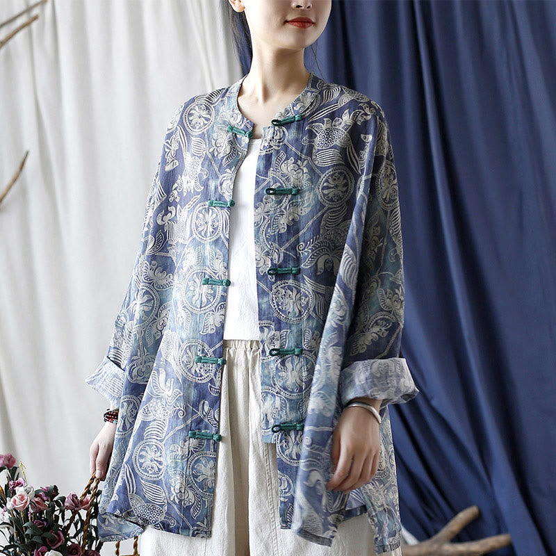 Buddha Stones Pájaros Flores Geometría Rana Botón Manga Larga Ramio Lino Chaqueta Camisa